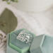 Silver leaf ring in mint velvet box with dried eucalyptus.
